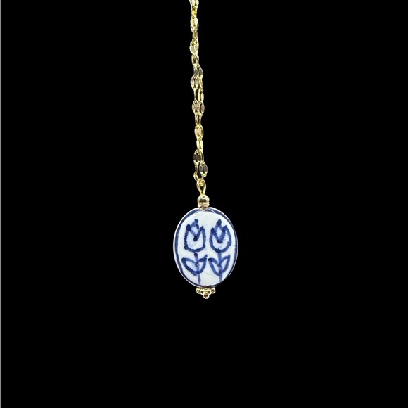 Blue and White Floral Ceramic Pendant on Stainless Steel Necklace - Picture 10 of 13